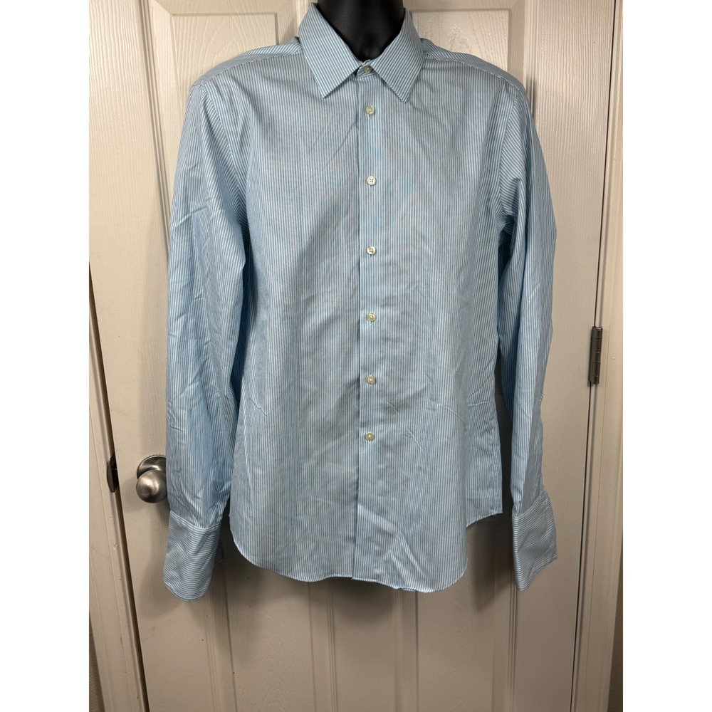 Calvin Klein Mens Slim Fit‎ Non Iron Blue Stripe Dress Shirt Size 16 34-35